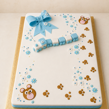 Carica l'immagine nel visualizzatore di Gallery, Torta battesimo rettangolare azzurra con fiocco trenino e orsetti
