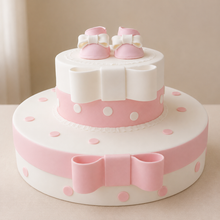 Carica l'immagine nel visualizzatore di Gallery, Torta battesimo rosa a due piani con fiocchi e scarpine

