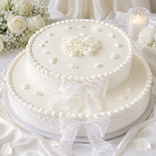 Carica l'immagine nel visualizzatore di Gallery, Torta di matrimonio classica bianca a due livelli con rose e fiocchi
