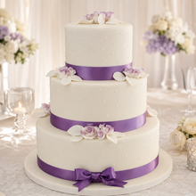 Carica l'immagine nel visualizzatore di Gallery, Torta di matrimonio classica a tre piani con nastri lilla e fiori delicati
