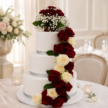 Carica l'immagine nel visualizzatore di Gallery, Torta di matrimonio classica a tre piani con rose bordeaux e avorio

